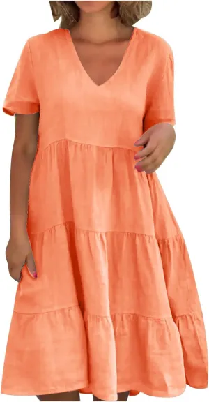 Womens Summer Dresses Casual V-Neck Short Sleeve Flowy Mini Dress Trendy Solid A-Line Ruffle Tiered Swing Dresses