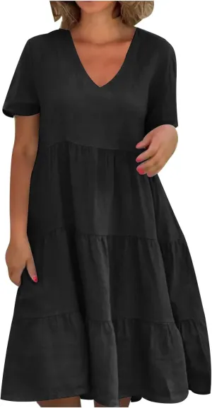 Womens Summer Dresses Casual V-Neck Short Sleeve Flowy Mini Dress Trendy Solid A-Line Ruffle Tiered Swing Dresses
