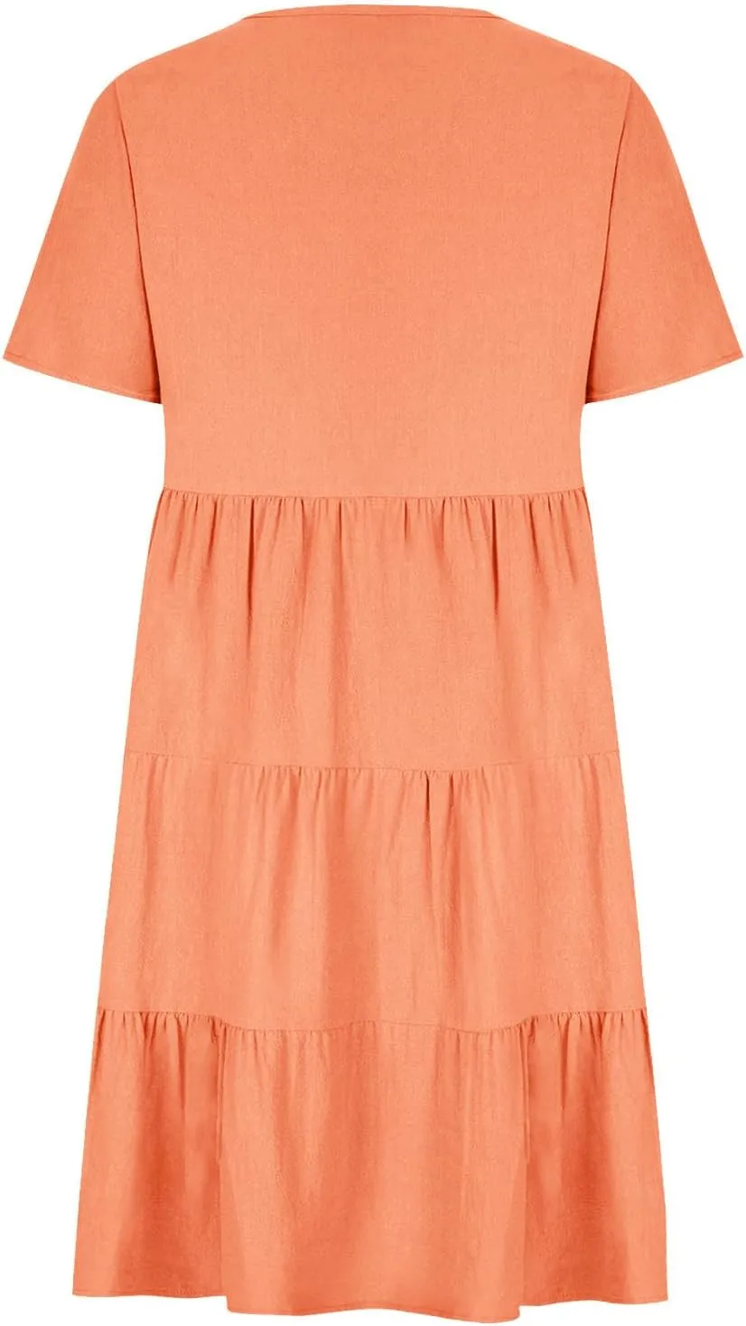 Womens Summer Dresses Casual V-Neck Short Sleeve Flowy Mini Dress Trendy Solid A-Line Ruffle Tiered Swing Dresses