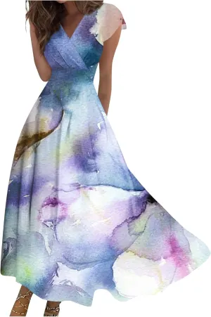 Womens Summer Dresses Floral Print Flowy Ruched Maxi Dress Wrap V Neck Sleeveless Boho Dress Trendy Beach Dress