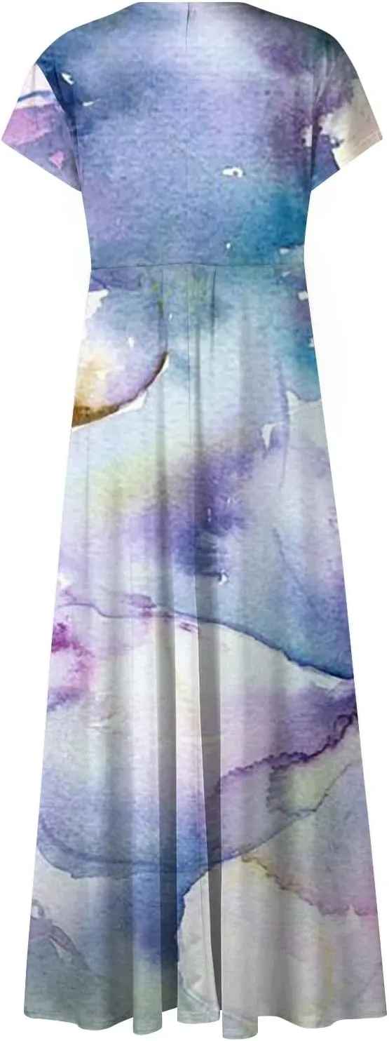 Womens Summer Dresses Floral Print Flowy Ruched Maxi Dress Wrap V Neck Sleeveless Boho Dress Trendy Beach Dress