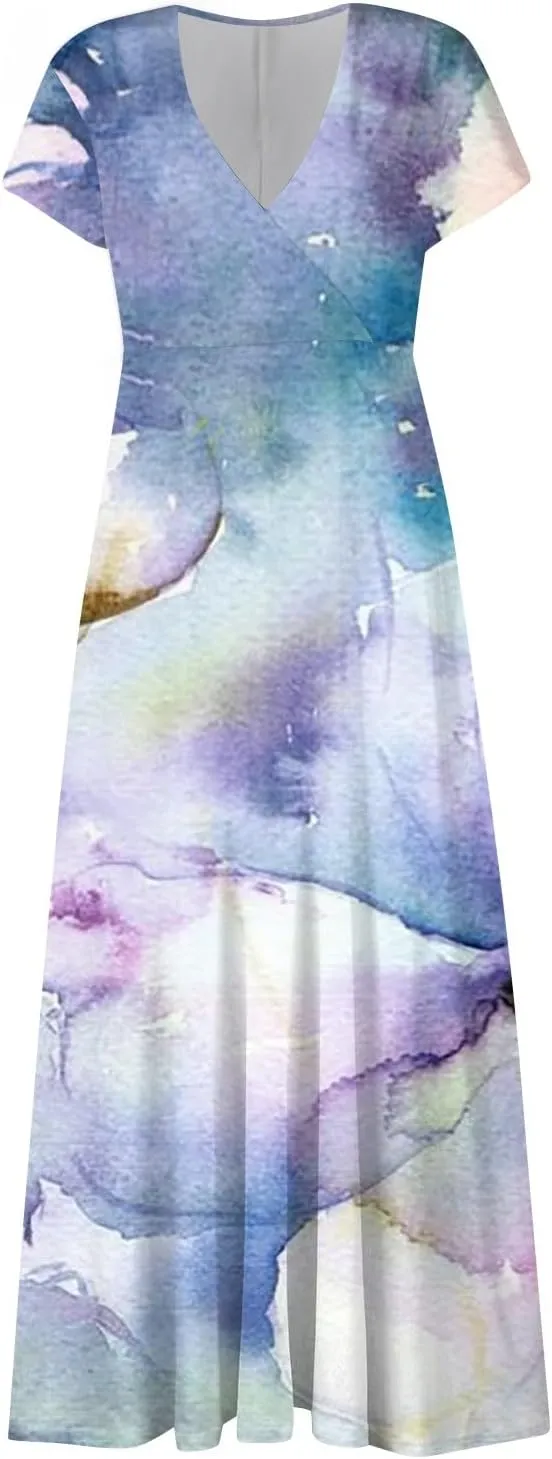 Womens Summer Dresses Floral Print Flowy Ruched Maxi Dress Wrap V Neck Sleeveless Boho Dress Trendy Beach Dress