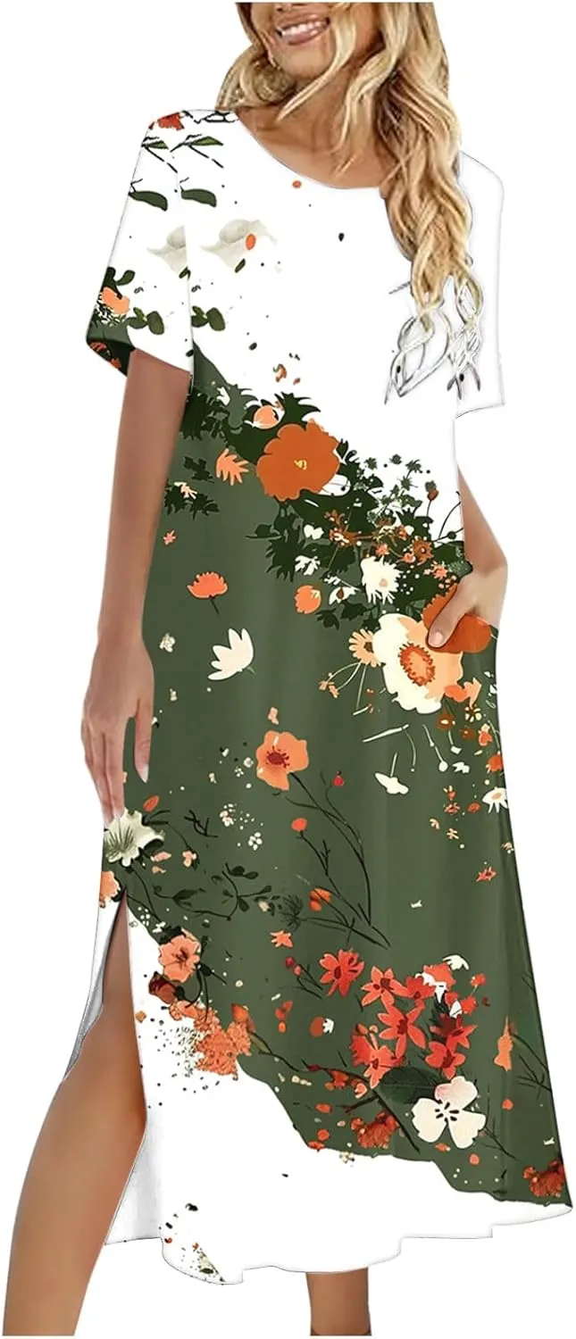 Womens Summer Dresses Short Sleeve Long T Shirt Dress Split Maxi Dress Boho Floral Print Beach Sundresses with Pockets