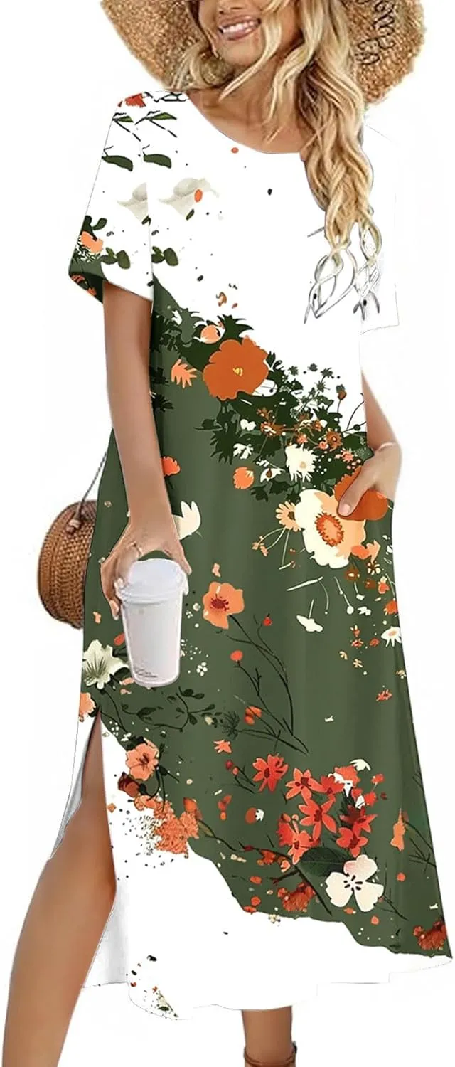 Womens Summer Dresses Short Sleeve Long T Shirt Dress Split Maxi Dress Boho Floral Print Beach Sundresses with Pockets