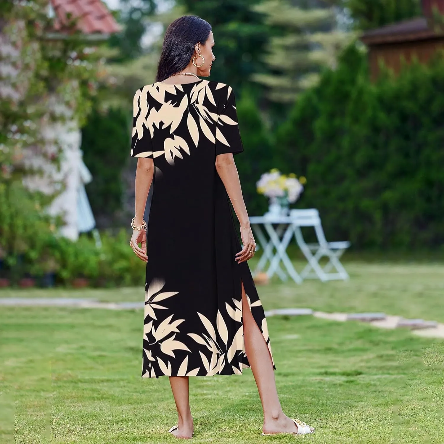 Womens Summer Dresses Short Sleeve Long T Shirt Dress Split Maxi Dress Boho Floral Print Beach Sundresses with Pockets
