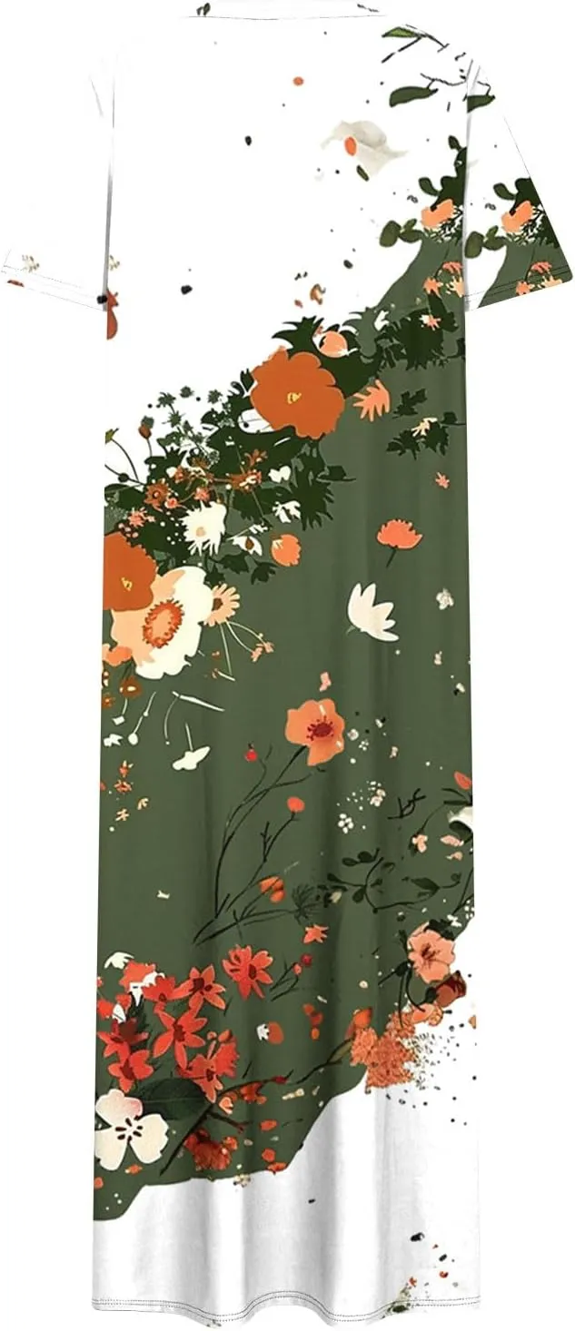 Womens Summer Dresses Short Sleeve Long T Shirt Dress Split Maxi Dress Boho Floral Print Beach Sundresses with Pockets