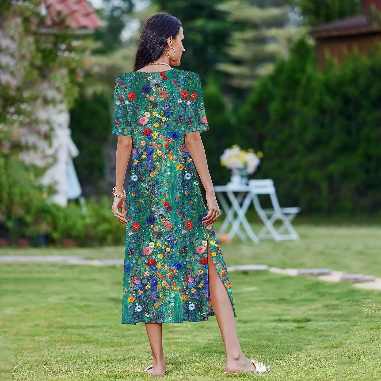 Womens Summer Dresses Short Sleeve Long T Shirt Dress Split Maxi Dress Boho Floral Print Beach Sundresses with Pockets