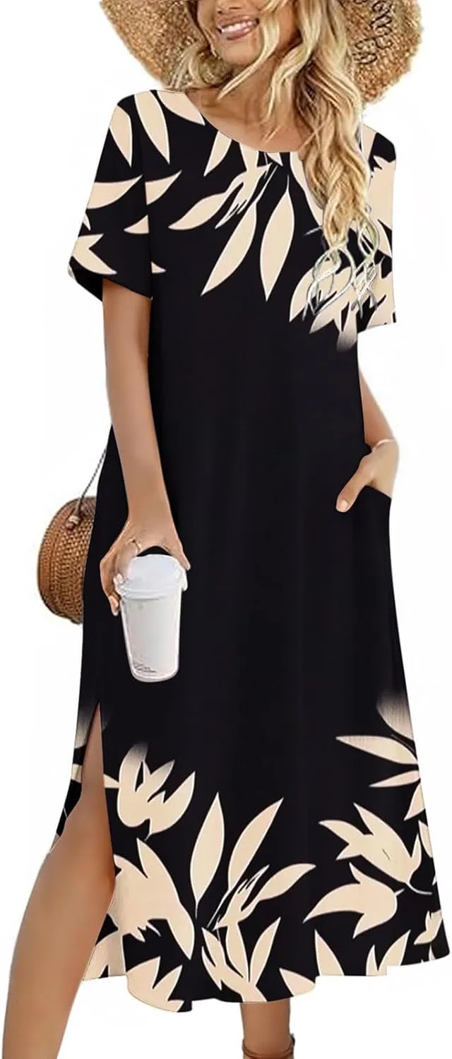 Womens Summer Dresses Short Sleeve Long T Shirt Dress Split Maxi Dress Boho Floral Print Beach Sundresses with Pockets