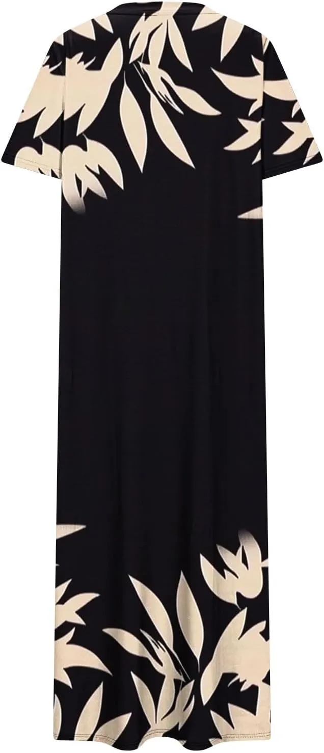 Womens Summer Dresses Short Sleeve Long T Shirt Dress Split Maxi Dress Boho Floral Print Beach Sundresses with Pockets