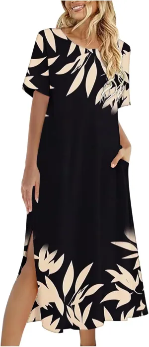 Womens Summer Dresses Short Sleeve Long T Shirt Dress Split Maxi Dress Boho Floral Print Beach Sundresses with Pockets