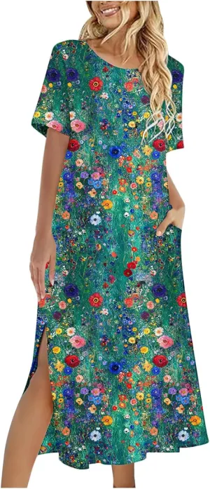 Womens Summer Dresses Short Sleeve Long T Shirt Dress Split Maxi Dress Boho Floral Print Beach Sundresses with Pockets