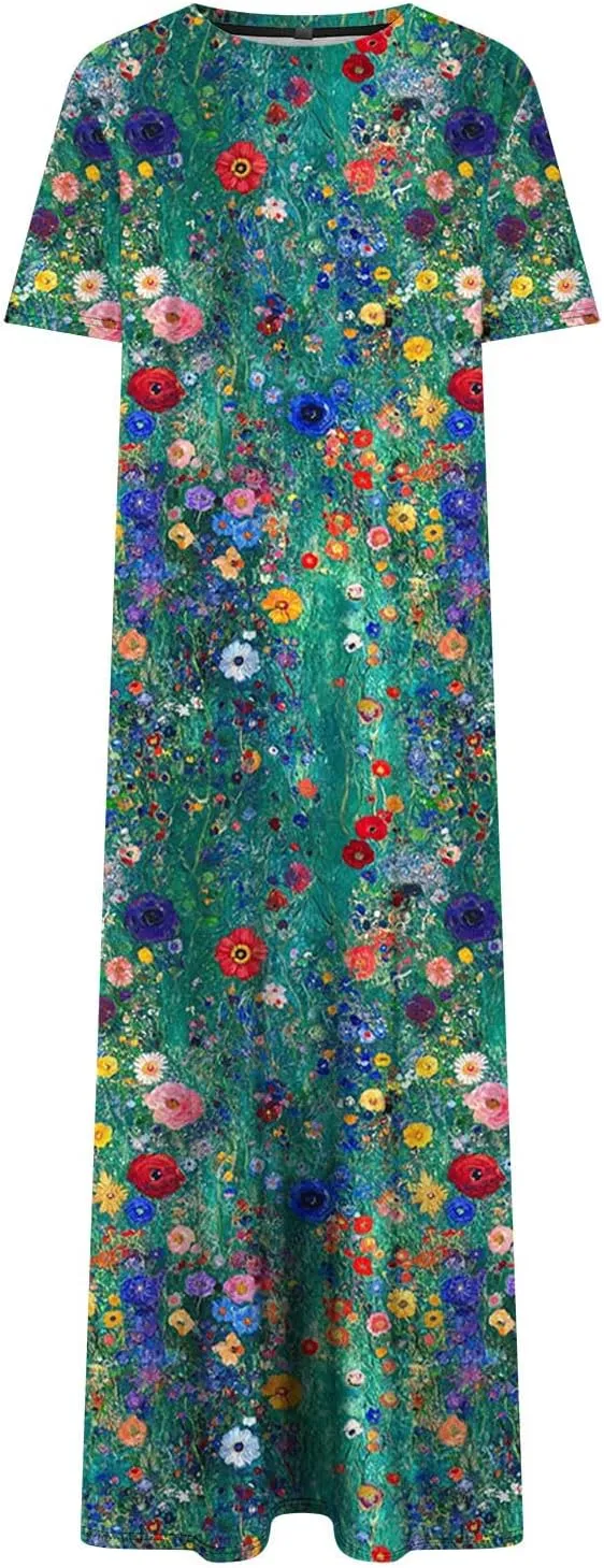 Womens Summer Dresses Short Sleeve Long T Shirt Dress Split Maxi Dress Boho Floral Print Beach Sundresses with Pockets