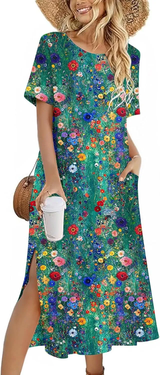 Womens Summer Dresses Short Sleeve Long T Shirt Dress Split Maxi Dress Boho Floral Print Beach Sundresses with Pockets