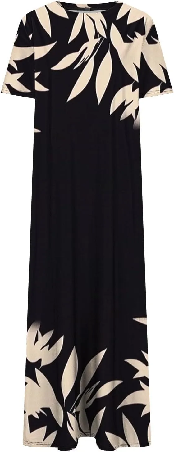 Womens Summer Dresses Short Sleeve Long T Shirt Dress Split Maxi Dress Boho Floral Print Beach Sundresses with Pockets