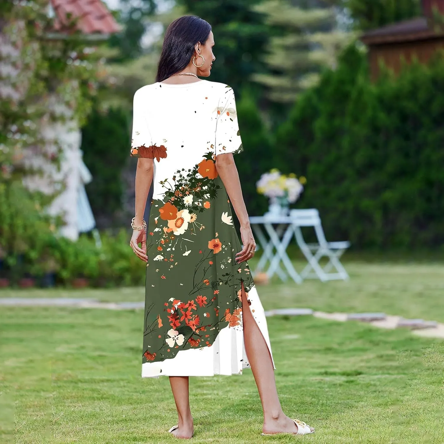 Womens Summer Dresses Short Sleeve Long T Shirt Dress Split Maxi Dress Boho Floral Print Beach Sundresses with Pockets