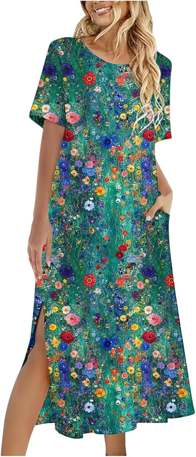 Womens Summer Dresses Short Sleeve Long T Shirt Dress Split Maxi Dress Boho Floral Print Beach Sundresses with Pockets