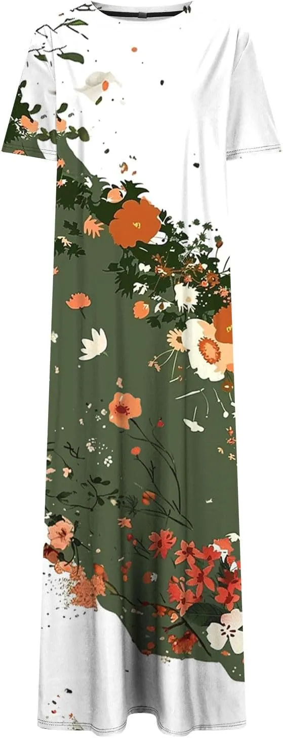 Womens Summer Dresses Short Sleeve Long T Shirt Dress Split Maxi Dress Boho Floral Print Beach Sundresses with Pockets