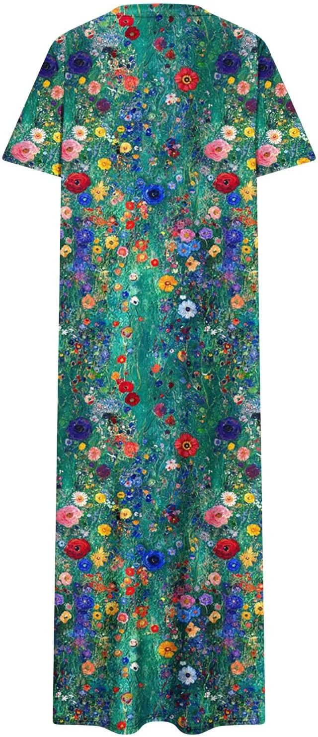 Womens Summer Dresses Short Sleeve Long T Shirt Dress Split Maxi Dress Boho Floral Print Beach Sundresses with Pockets