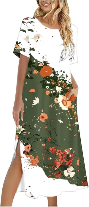 Womens Summer Dresses Short Sleeve Long T Shirt Dress Split Maxi Dress Boho Floral Print Beach Sundresses with Pockets