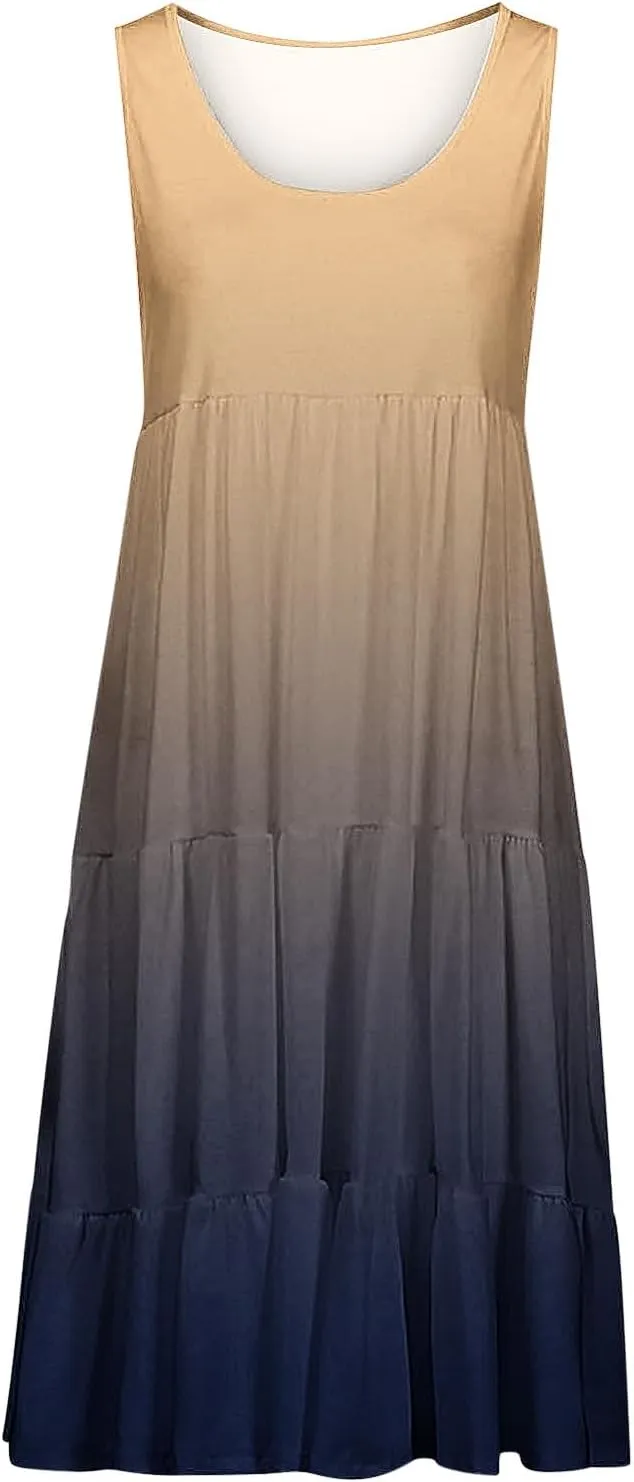 Womens Summer Dresses Sleeveless midi Dress Spaghetti Strap Sundress Ruffles Casual Loose Boho Floral T Shirt Dress