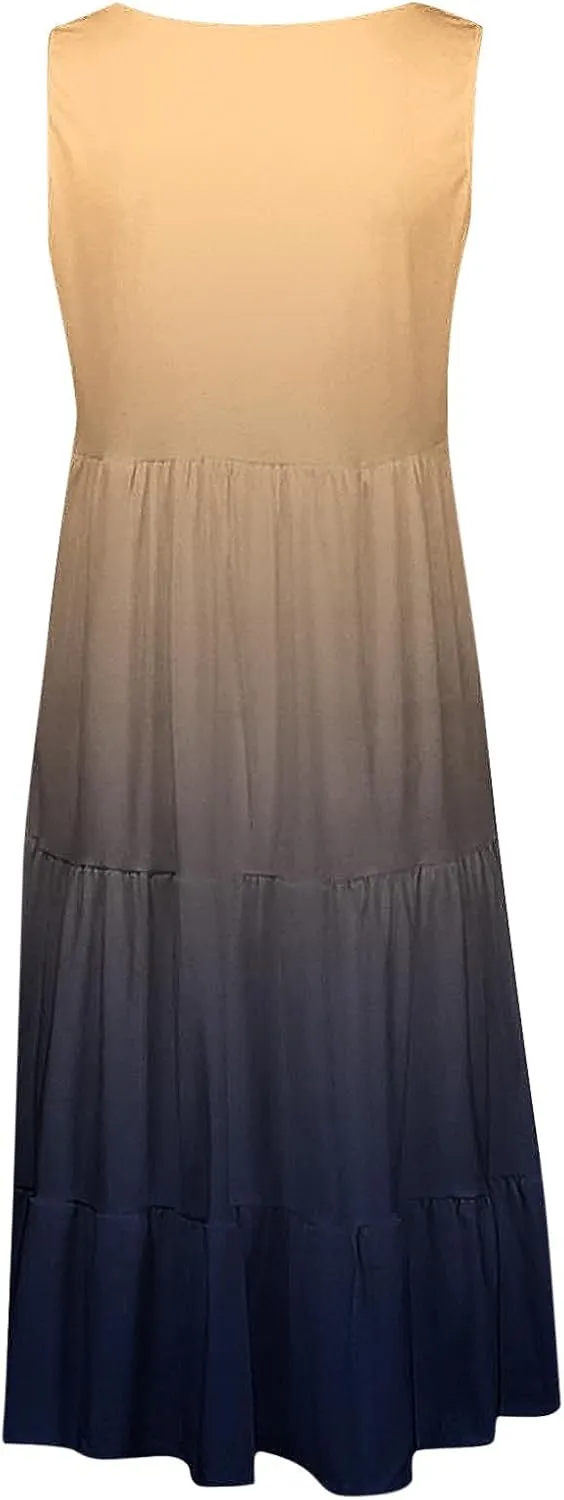 Womens Summer Dresses Sleeveless midi Dress Spaghetti Strap Sundress Ruffles Casual Loose Boho Floral T Shirt Dress