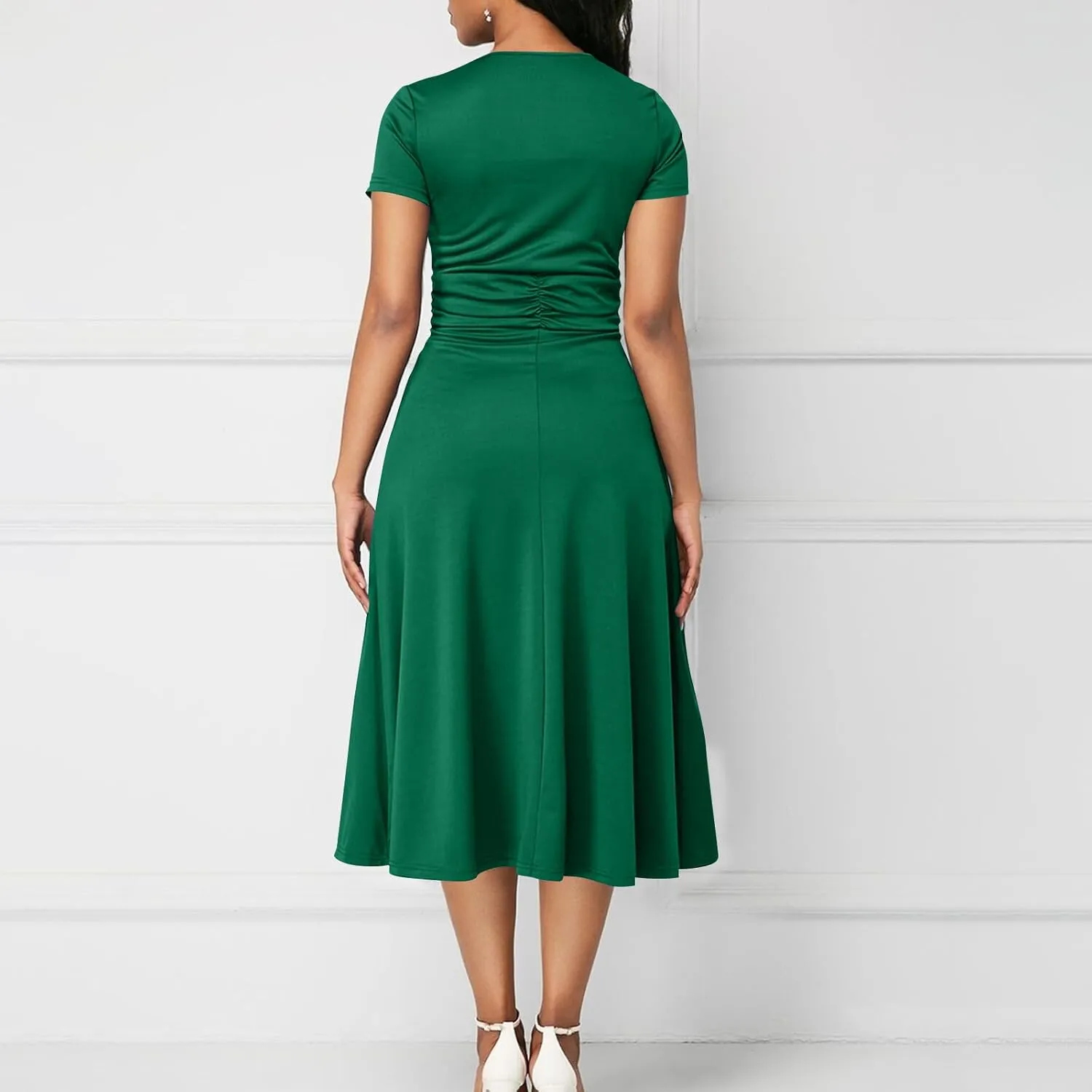 Women's Summer Evening Midi Dress Short Sleeve V-neck Tops Dresses Fashion High Waist Flowy Solid Loose Tunic Dress