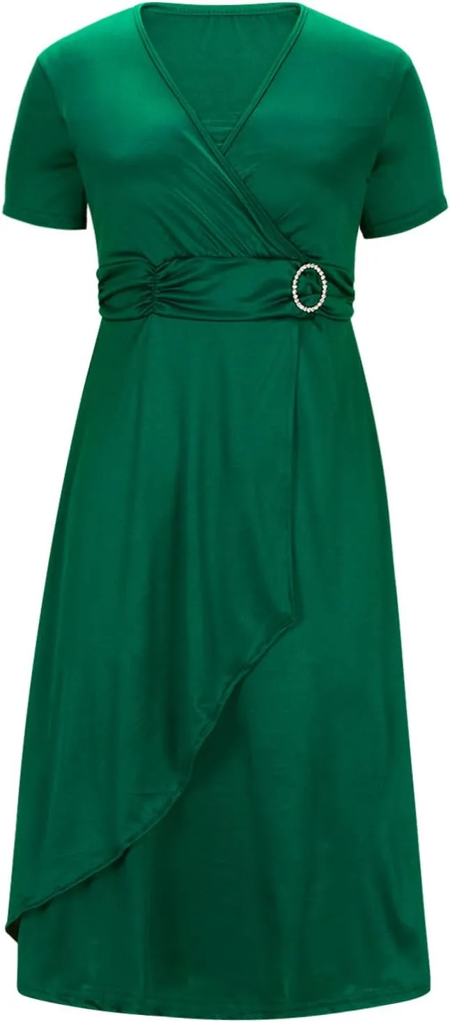 Women's Summer Evening Midi Dress Short Sleeve V-neck Tops Dresses Fashion High Waist Flowy Solid Loose Tunic Dress