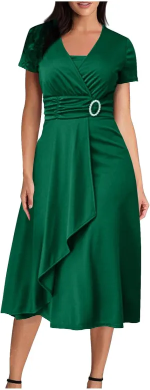 Women's Summer Evening Midi Dress Short Sleeve V-neck Tops Dresses Fashion High Waist Flowy Solid Loose Tunic Dress