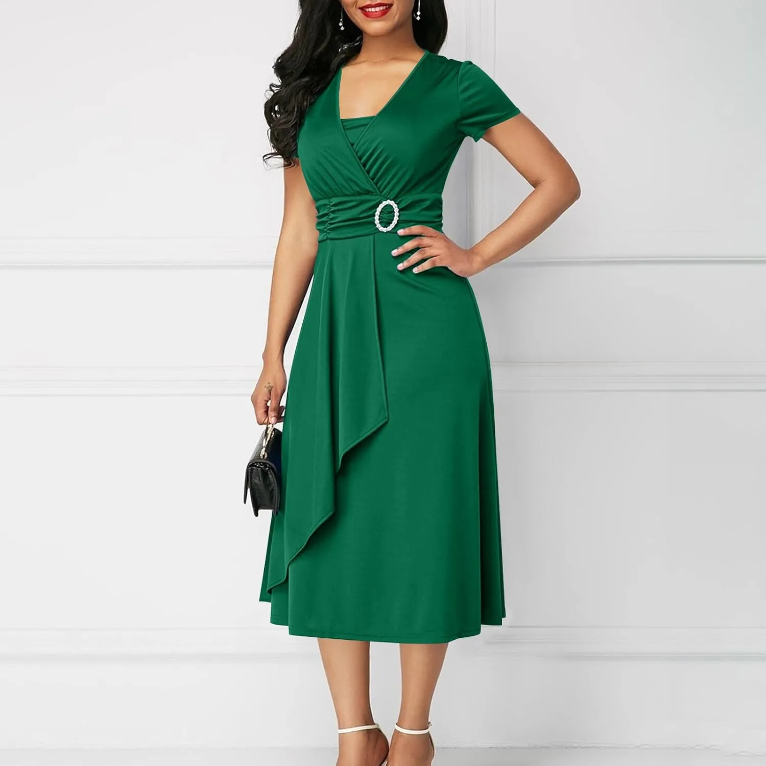 Women's Summer Evening Midi Dress Short Sleeve V-neck Tops Dresses Fashion High Waist Flowy Solid Loose Tunic Dress