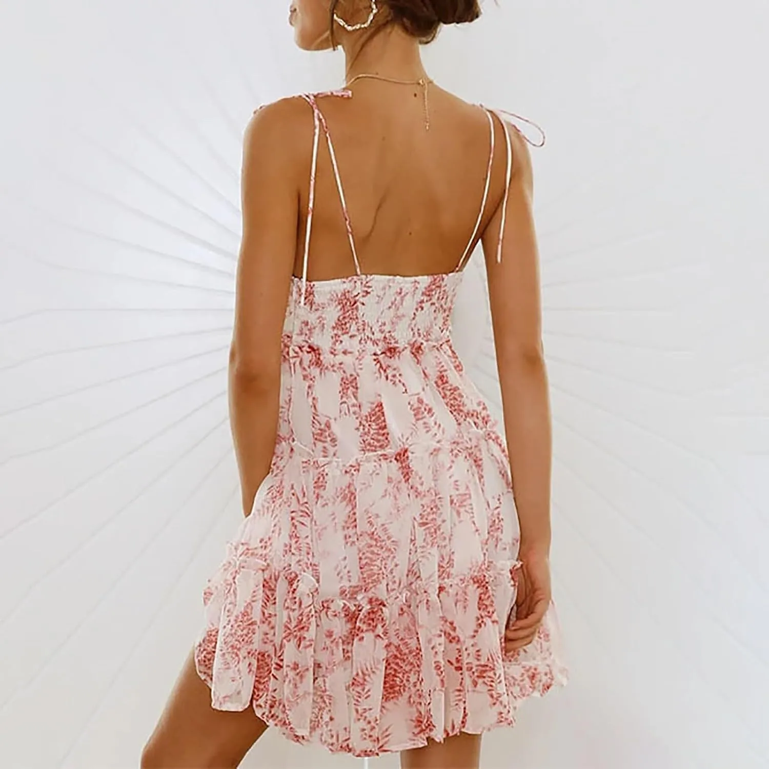Womens Summer Floral Mini Dress Sexy Low-Cut Backless Flowy Cami Dress Adjustable Spaghetti Strap Boho Beach Dresses