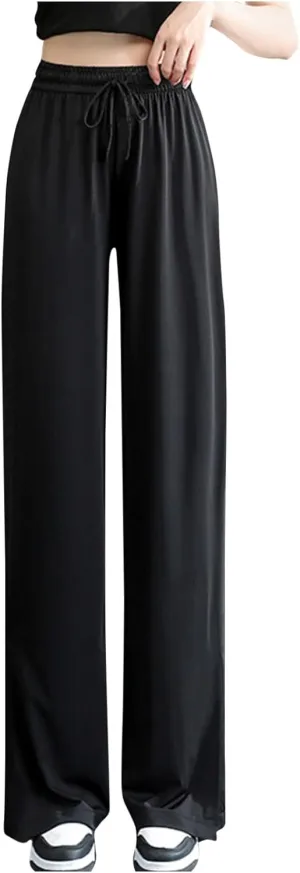 Women's Summer Ice Silk Pants Drawstring High Waist Wide Leg Full Length Loose Casual Sweatpants with Pockets