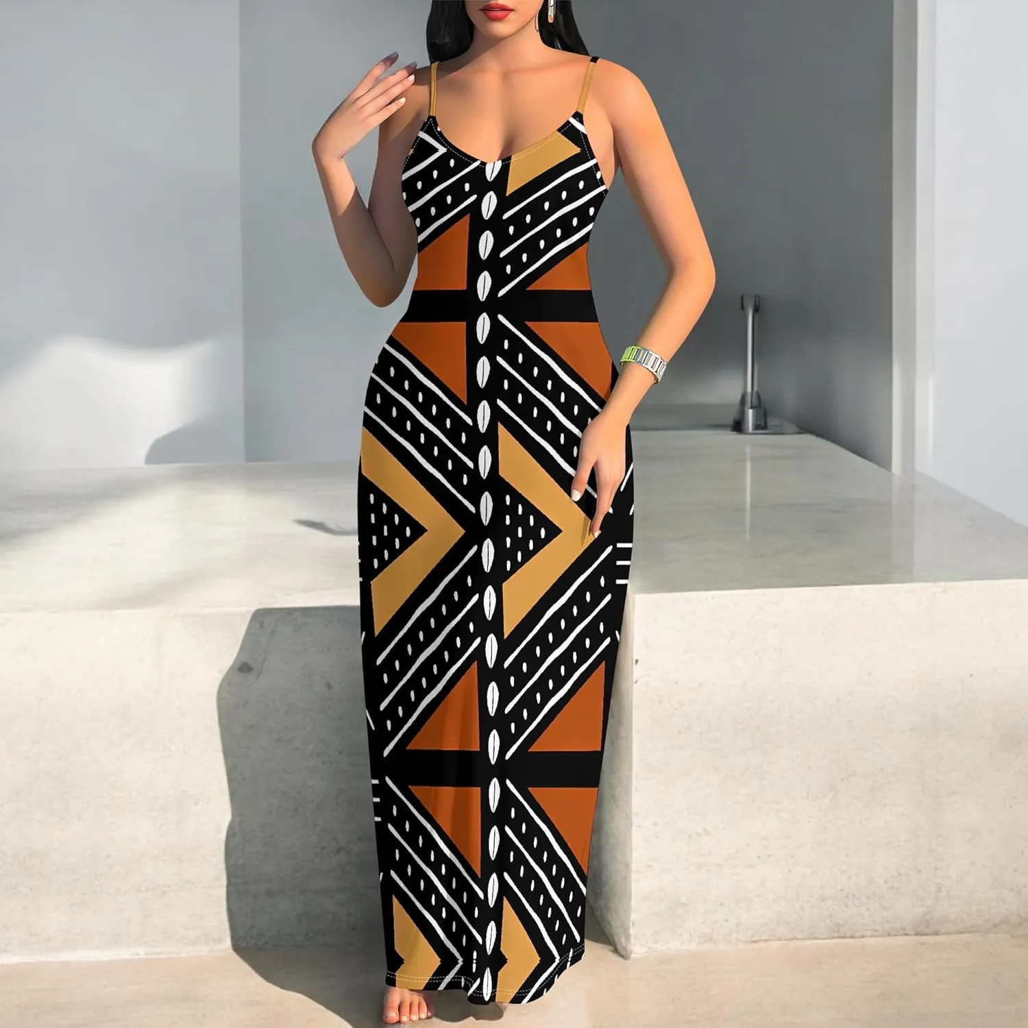 Women's Summer Maxi Dress Casual African Print Spaghetti Strap Long Maxi Dresses Sexy V-Neck Floral Sleeveless Beach Sundress