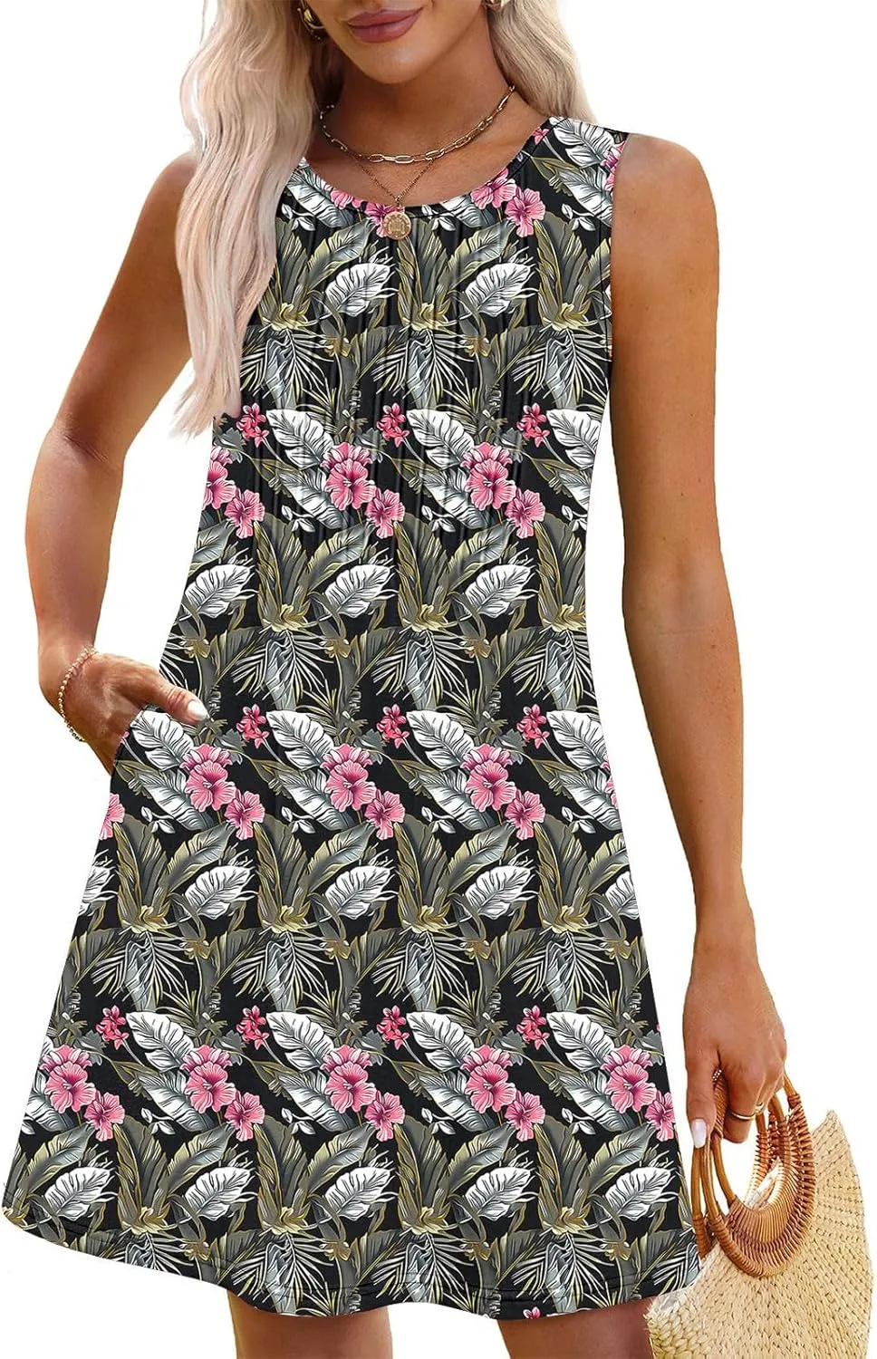 Women's Summer Sleeveless Boho Beach Dress Floral Mini Sundress with Pockets Casual Vacation Travel Flowy Tshirt Dress