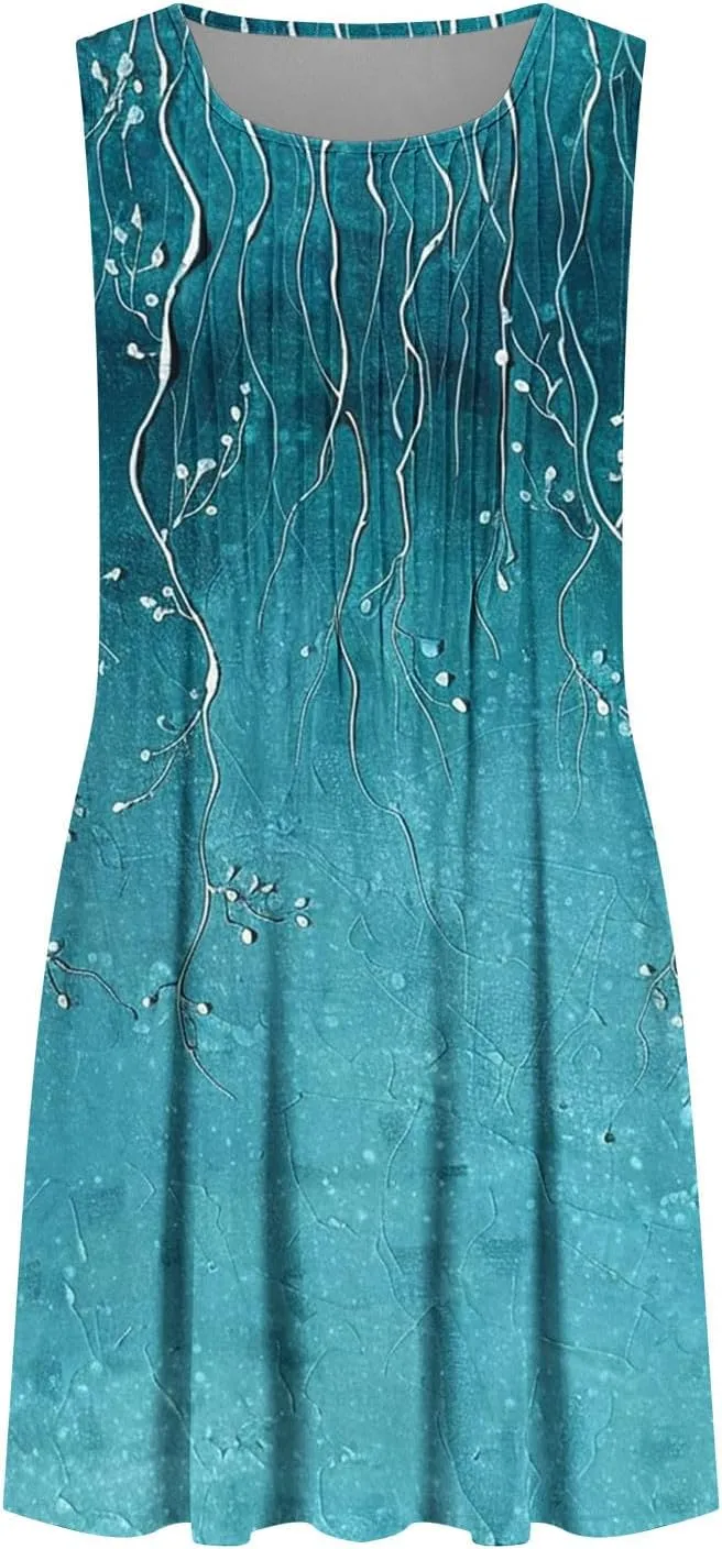 Women's Summer Sleeveless Boho Beach Dress Floral Mini Sundress with Pockets Casual Vacation Travel Flowy Tshirt Dress