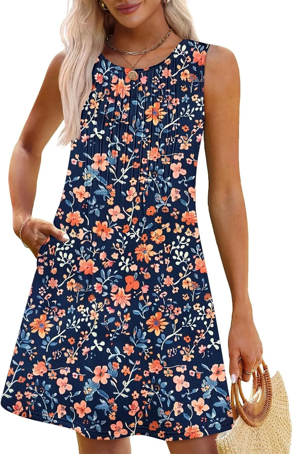 Women's Summer Sleeveless Boho Beach Dress Floral Mini Sundress with Pockets Casual Vacation Travel Flowy Tshirt Dress