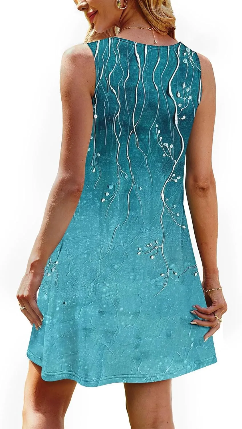 Women's Summer Sleeveless Boho Beach Dress Floral Mini Sundress with Pockets Casual Vacation Travel Flowy Tshirt Dress