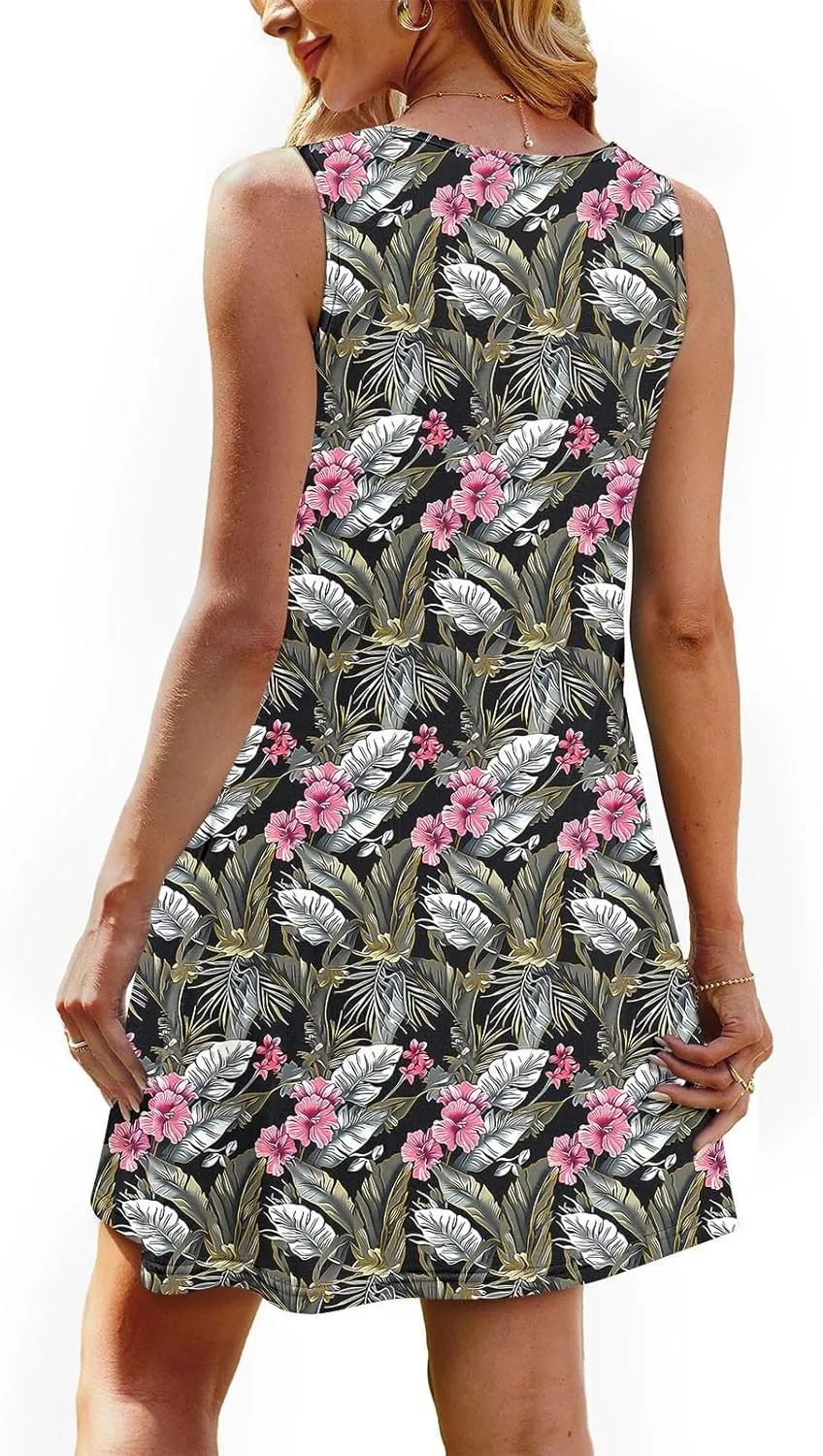 Women's Summer Sleeveless Boho Beach Dress Floral Mini Sundress with Pockets Casual Vacation Travel Flowy Tshirt Dress