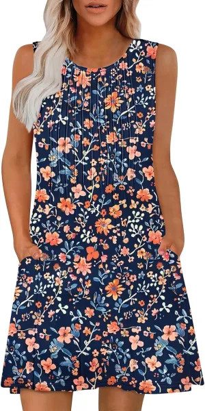 Women's Summer Sleeveless Boho Beach Dress Floral Mini Sundress with Pockets Casual Vacation Travel Flowy Tshirt Dress