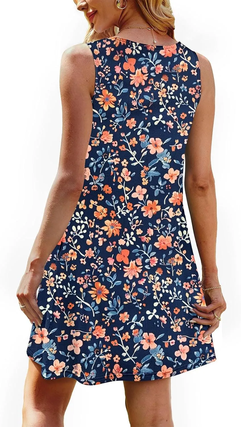 Women's Summer Sleeveless Boho Beach Dress Floral Mini Sundress with Pockets Casual Vacation Travel Flowy Tshirt Dress