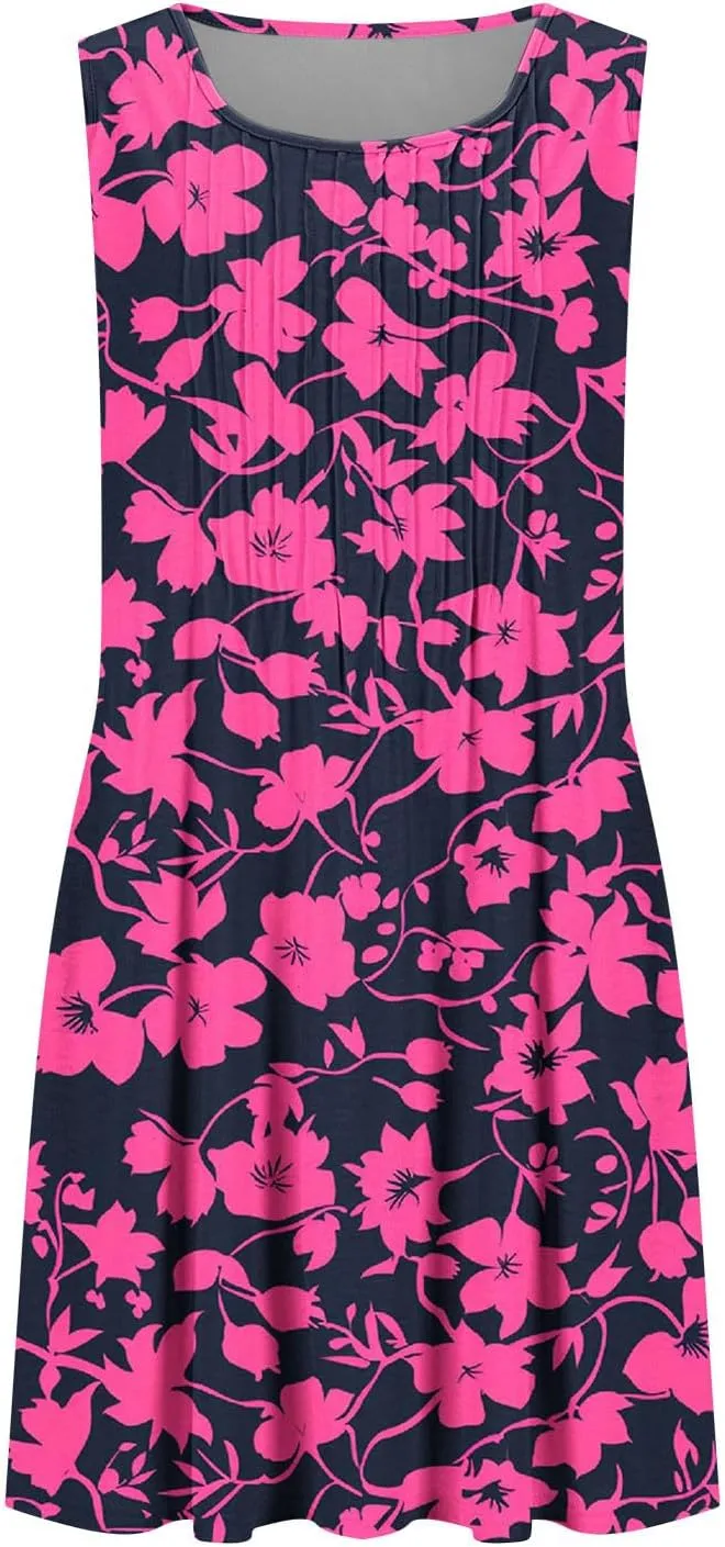 Women's Summer Sleeveless Boho Beach Dress Floral Mini Sundress with Pockets Casual Vacation Travel Flowy Tshirt Dress