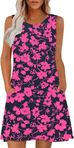 Women's Summer Sleeveless Boho Beach Dress Floral Mini Sundress with Pockets Casual Vacation Travel Flowy Tshirt Dress