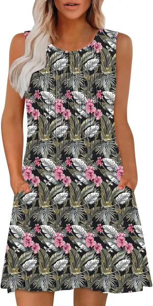 Women's Summer Sleeveless Boho Beach Dress Floral Mini Sundress with Pockets Casual Vacation Travel Flowy Tshirt Dress