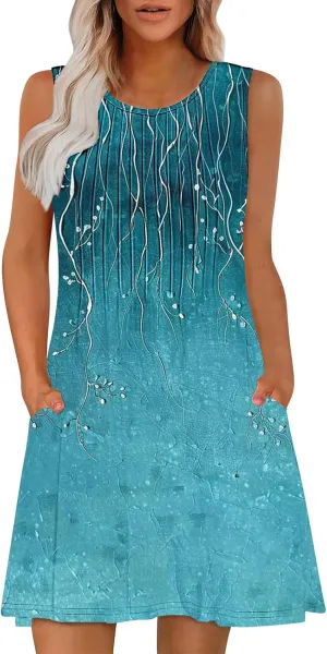 Women's Summer Sleeveless Boho Beach Dress Floral Mini Sundress with Pockets Casual Vacation Travel Flowy Tshirt Dress