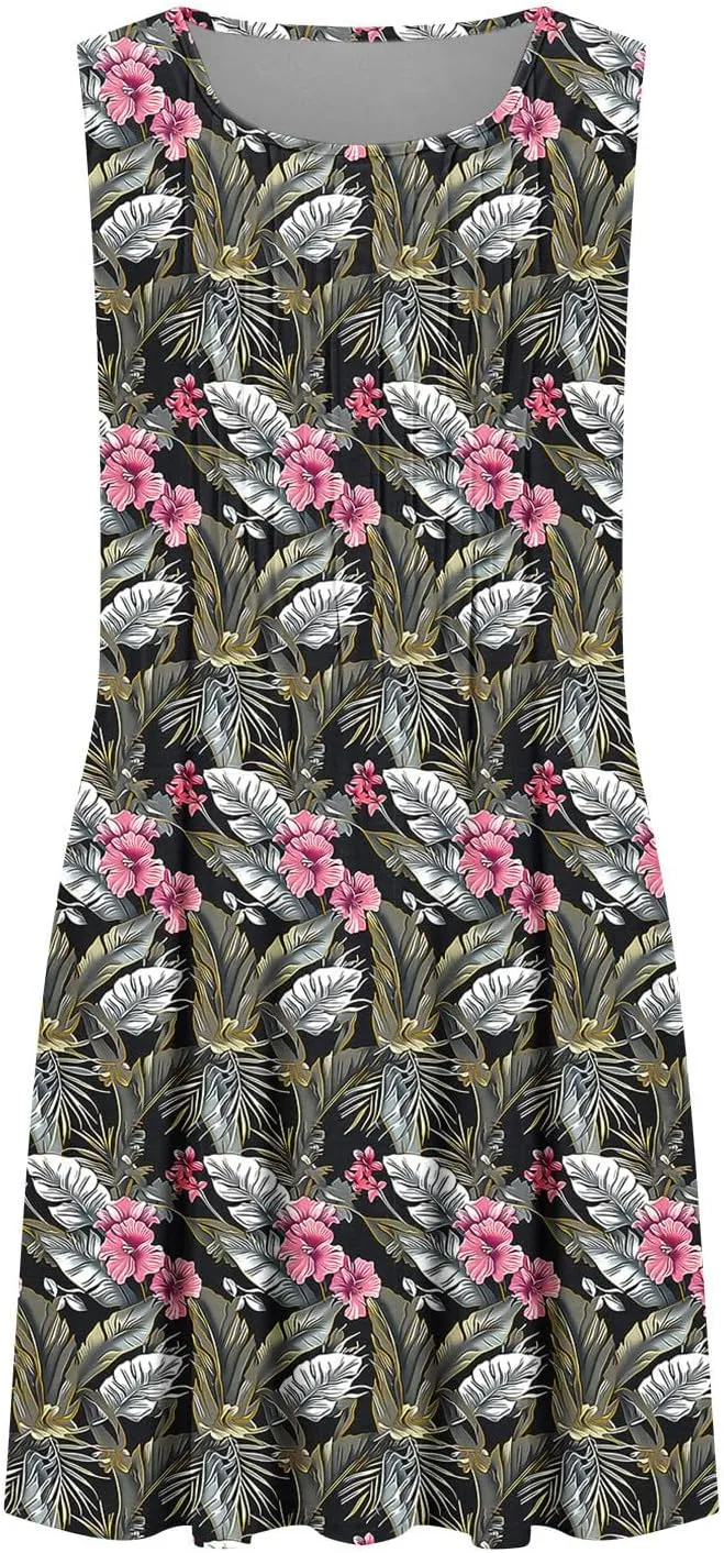 Women's Summer Sleeveless Boho Beach Dress Floral Mini Sundress with Pockets Casual Vacation Travel Flowy Tshirt Dress