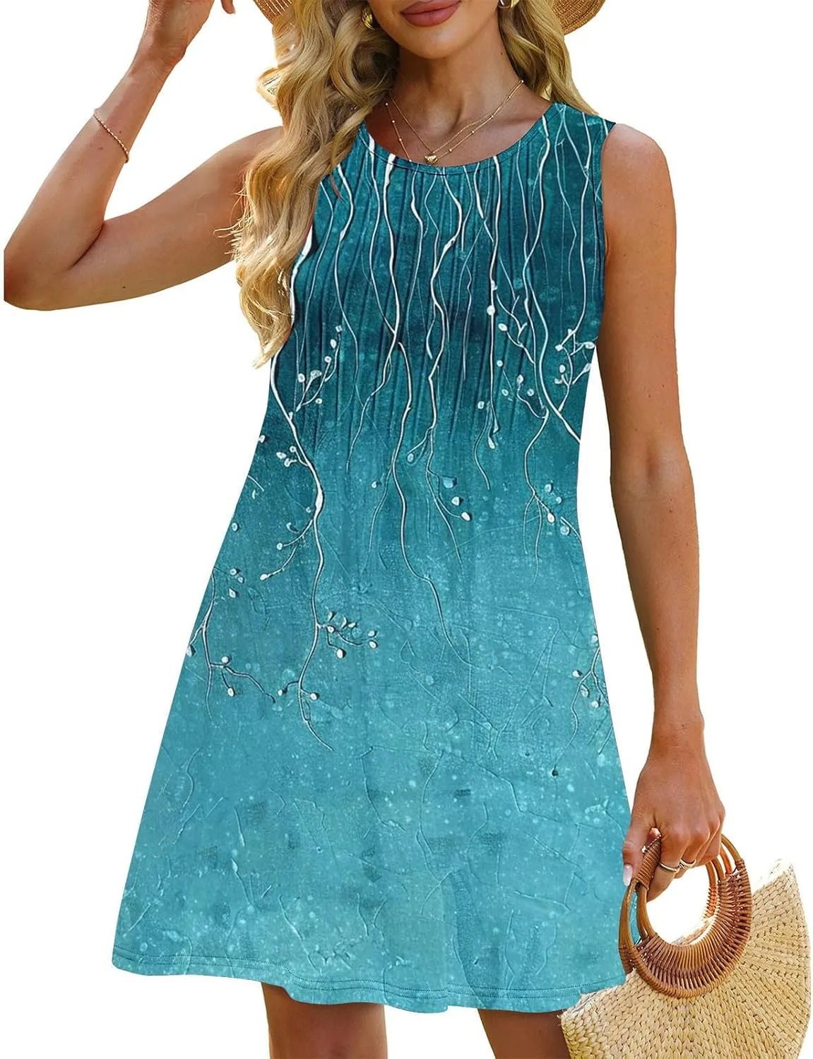 Women's Summer Sleeveless Boho Beach Dress Floral Mini Sundress with Pockets Casual Vacation Travel Flowy Tshirt Dress