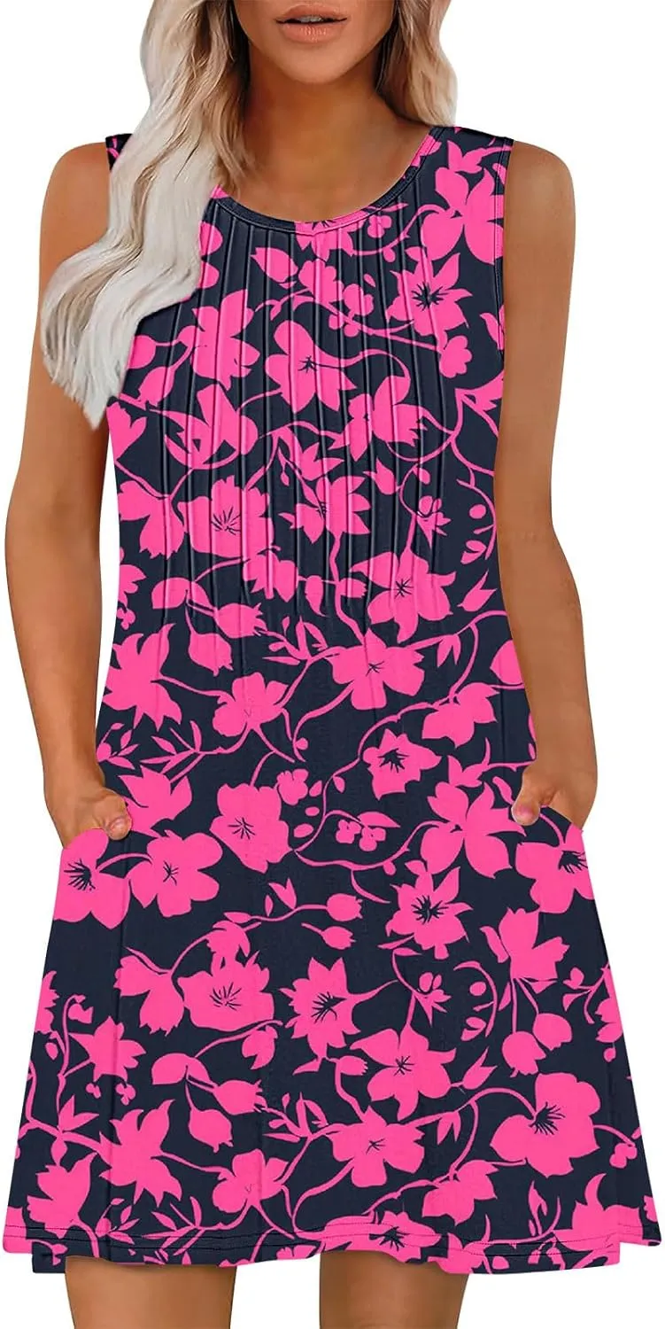 Women's Summer Sleeveless Boho Beach Dress Floral Mini Sundress with Pockets Casual Vacation Travel Flowy Tshirt Dress