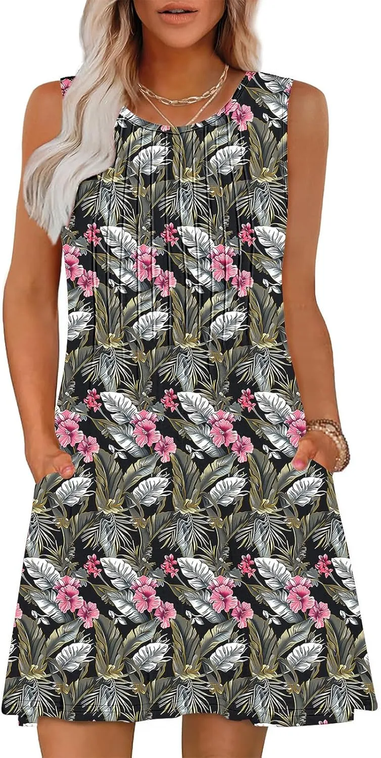 Women's Summer Sleeveless Boho Beach Dress Floral Mini Sundress with Pockets Casual Vacation Travel Flowy Tshirt Dress