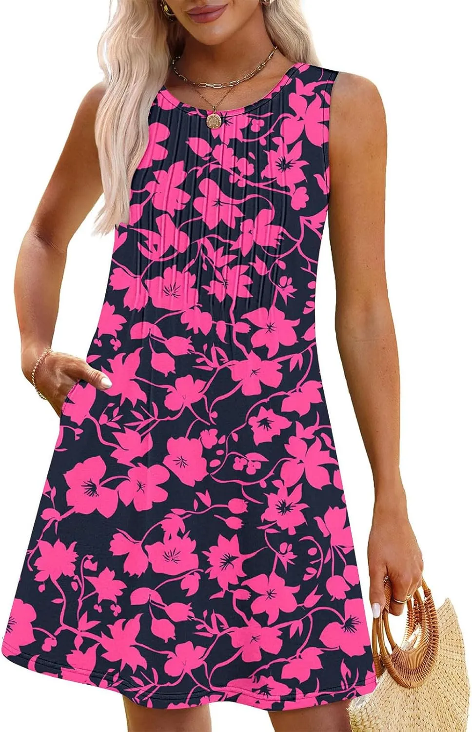Women's Summer Sleeveless Boho Beach Dress Floral Mini Sundress with Pockets Casual Vacation Travel Flowy Tshirt Dress