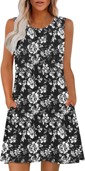 Women's Summer Sleeveless Boho Beach Dress Floral Mini Sundress with Pockets Casual Vacation Travel Flowy Tshirt Dress