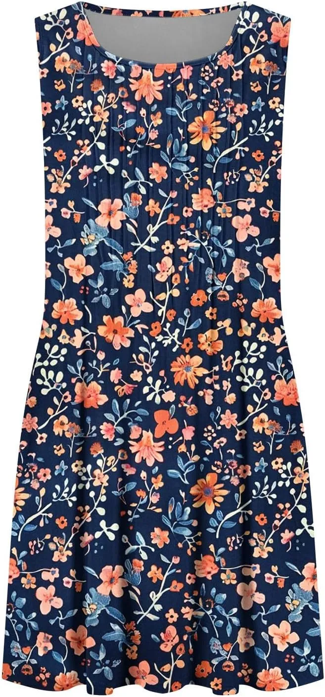Women's Summer Sleeveless Boho Beach Dress Floral Mini Sundress with Pockets Casual Vacation Travel Flowy Tshirt Dress